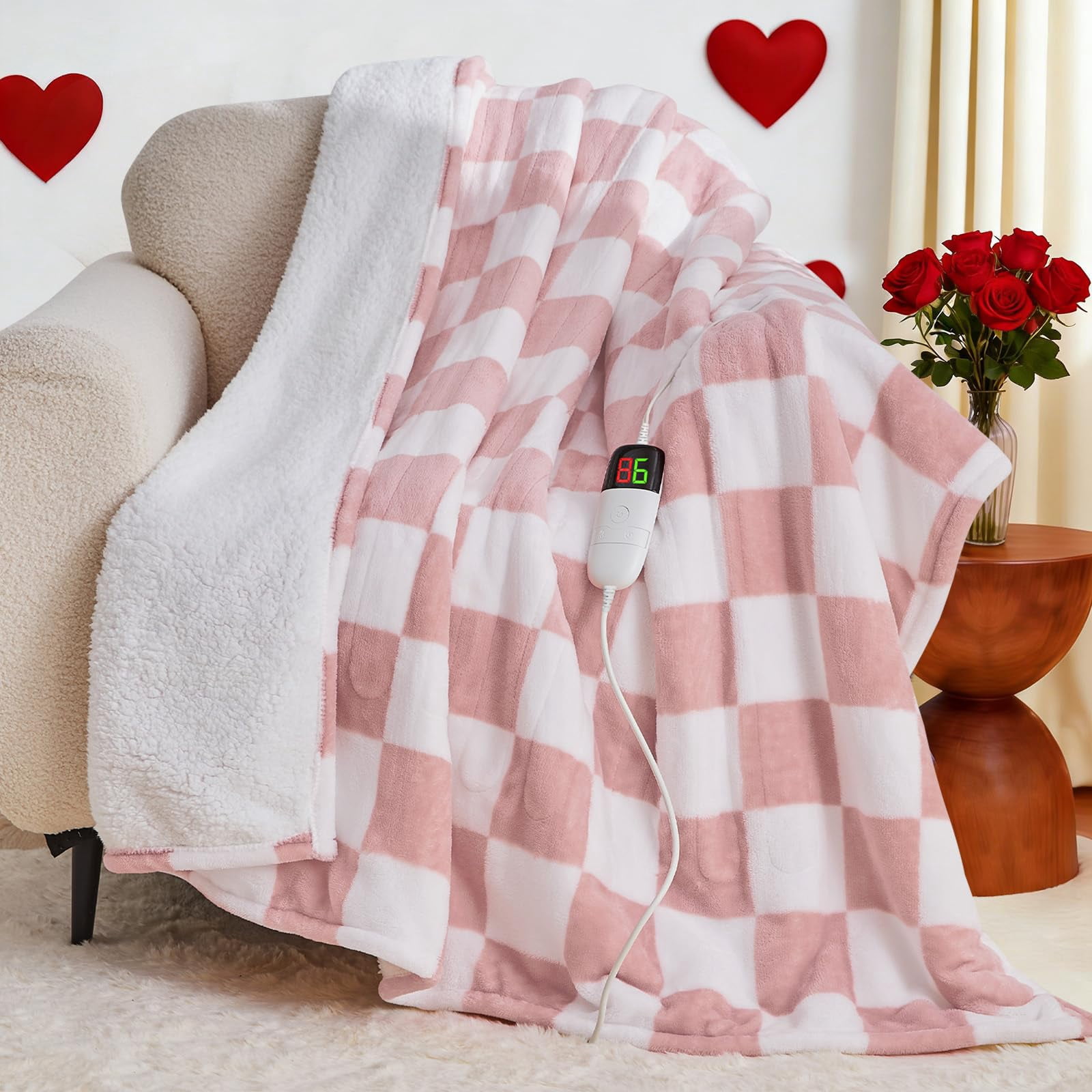 Light Pink Heated Blanket Electric Throw  50x60 Heating With 10 Heat Levels & 8 Hours Auto Off For Lap Checkered Plaid Soft Sherpa Blankets Mothers Day Gifts Mom Grandma Women Couch