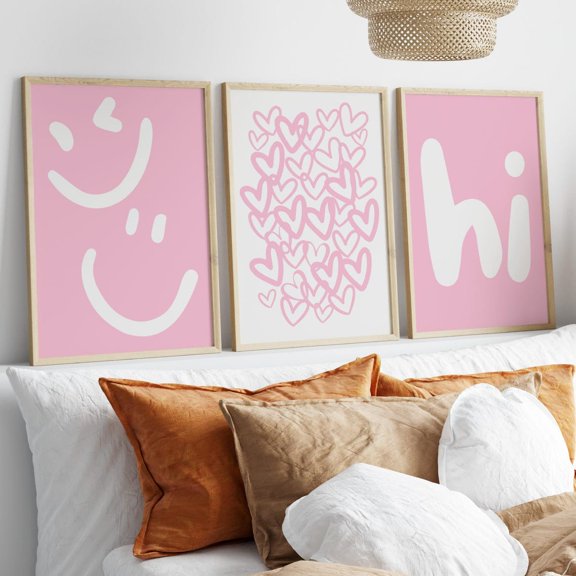 Light Pink Hello Wall Art Set Of 3, Cute Smile Prints