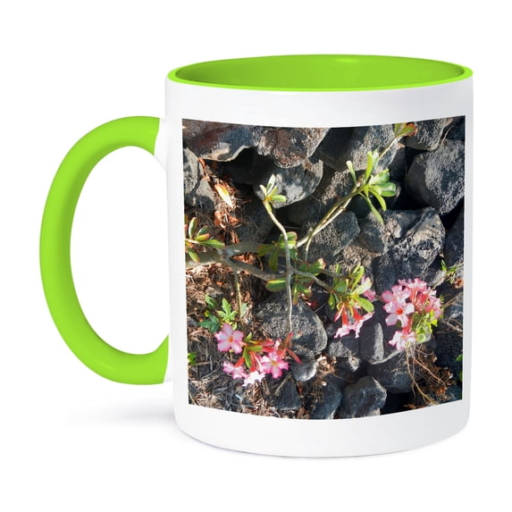 Light Pink Hibiscus Plants State Flower Of Hawaiian, Growing By Lava Rocks, 15oz Two-Tone Green Mug