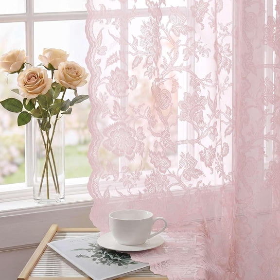 Light Pink Lace Curtains 96 Inch Long 2 Panels, Privacy Semi Sheer Lace Drapes with Rod Pocket, Floral Patterned Vintage Light Filtering Curtains for Bedroom Living Room, 52" W x 96" L
