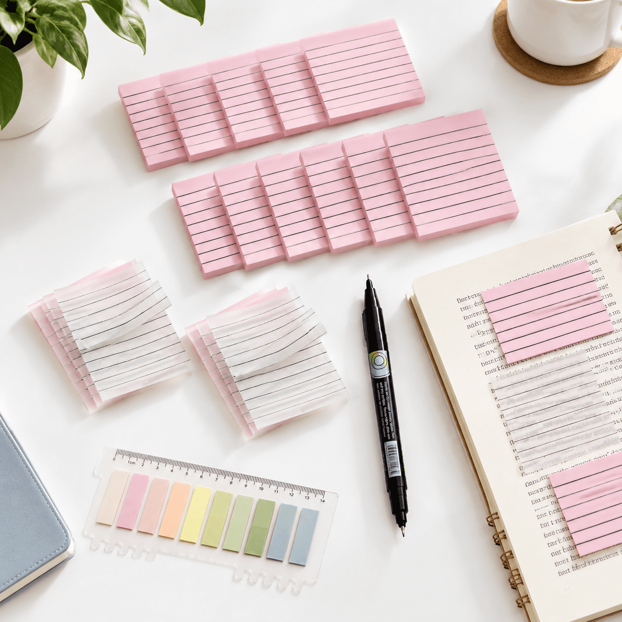 Light Pink Lined Transparent Sticky Notes Set with Dual-Tip Marker and ...