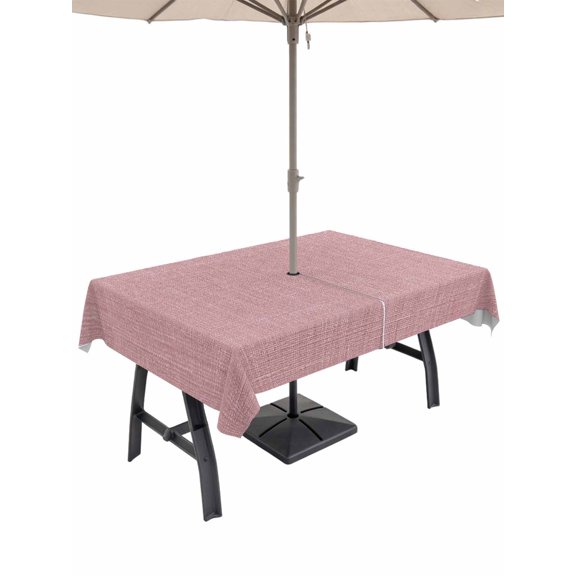 Light Pink Linen Outdoor Rectangle Tablecloth with Umbrella Hole 60"x102", Farmhouse Pure Color Country Farm Waterproof Zippered Table Cloth Wrinkle Free Wipeable Desk Covers for Patio Party