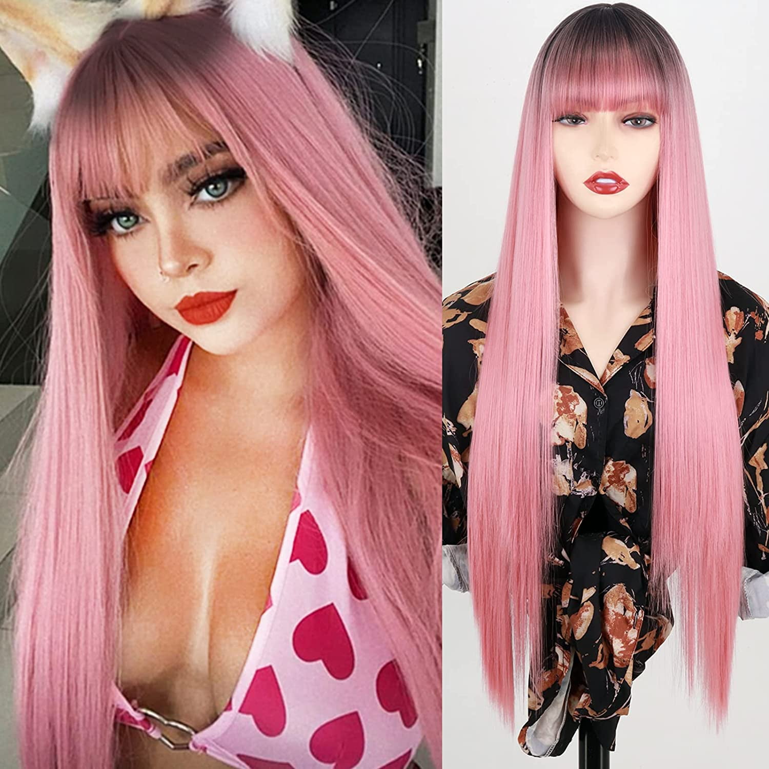 Light Pink Long Wigs with Bangs. Straight Long Pink Cosplay Wigs for