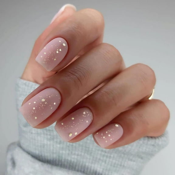 Light Pink Matte Press On Nails Medium Length Square Acrylic Fake Nails with Golden Sequins Design, Elegant Full Cover False Nails Set for Women and Girls Daily Wear, 24 Nails in 12 Sizes Ombre Pink
