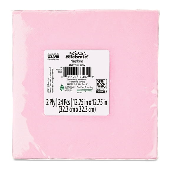6.5" x 6.5" Disposable Light Pink Paper Napkins, 24 Count, by Way To Celebrate