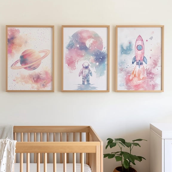 Light Pink Pastel Space Astronaut Girl Room Wall Art Space Nursery Decor Set 3 Stretched Canvas