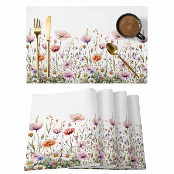 Light Pink Placemats Set of 4, Floral Rustic Wildflower Leaf Spring Blossom Non-Slip Place Mats Washable Table Mats for Kitchen Dining Table Decorations Indoor/Outdoor
