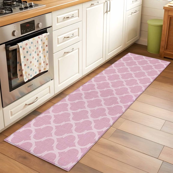Light Pink Plaid Runner Rugs 2x6 ft Retro Country Moroccan National Geometrical Plaid Washable Hallway Rugs Non-Slip Floor Mats Absorbent Carpet Bedside Runners for Bedroom Kitchen Laundry Room