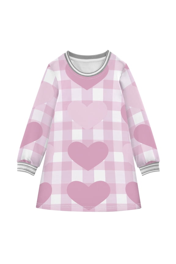 Light Pink Plaids with Valentine Hearts Long-sleeved Dress A-line One-Piece Dress for 2-8 Years Casual Party 3T