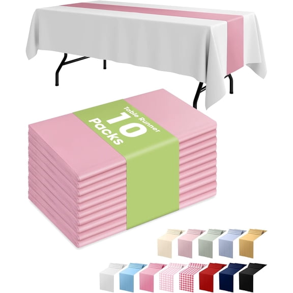 Light Pink Plastic Table Runners - 10 Pack, 14'' x 108'', Water Resistant & Disposable Centerpiece Decorations for Table Cloth, Wedding, Birthday, Holiday, Baby Shower, Party, Home Decor
