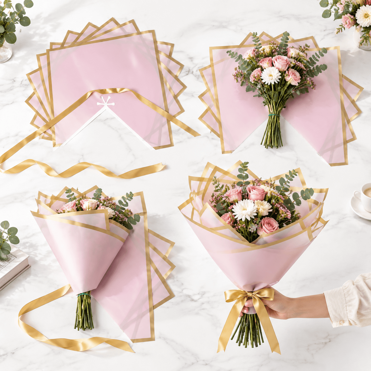 Flower Ribbion Light Pink Pre-Assembled Flower Wrapping Paper with Trim and Satin ...