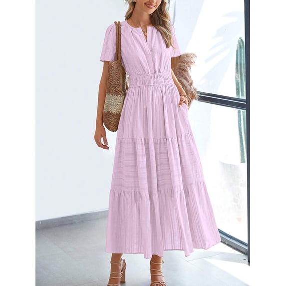 Light Pink Purple Womens Short Sleeve Maxi Dress High Waist Tiered A-Line Boho Flowy Beach Vacation Dress
