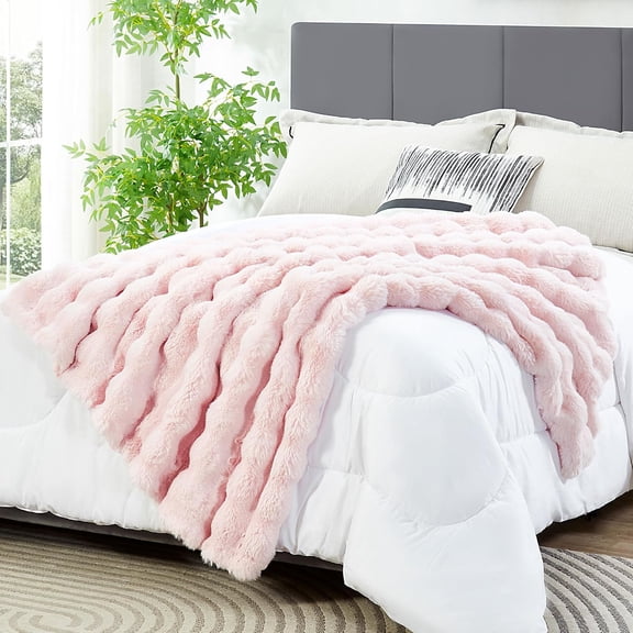Light Pink Rabbit Fur Throw Blanket Super Soft Cozy Plush Thick Reversible Gradient Faux Fur Blankets for Bed Couch Chair Sofa Large Warm Stripe Blanket for Adult Women and Men 60"x80"