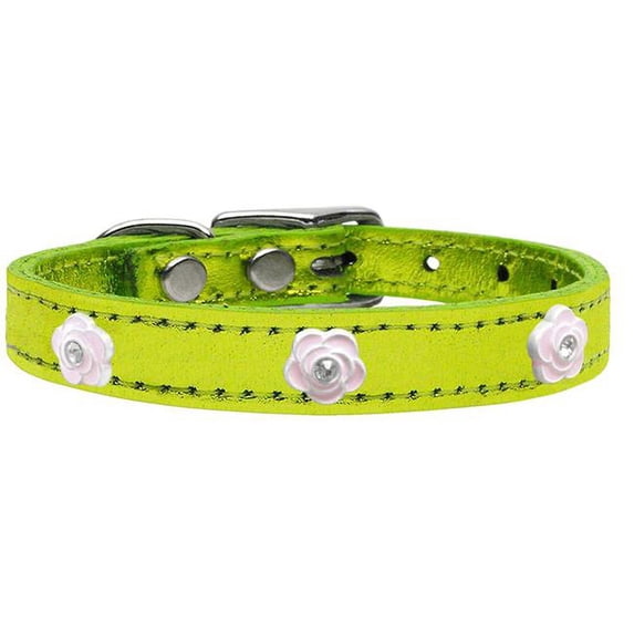 Light Pink Rose Widget Genuine Metallic Leather Dog Collar, Lime Green - Size 22