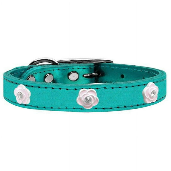 Light Pink Rose Widget Genuine Metallic Leather Dog Collar, Turquoise - Size 14