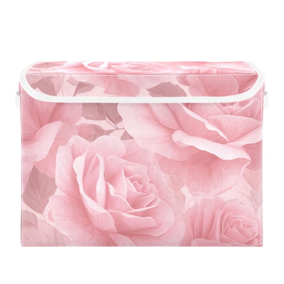 Light Pink Roses Foldable Storage Bins with Lids Handles Collapsible Storage Containers Tote Boxes 16.5 x 12.6 x 11.8 inches