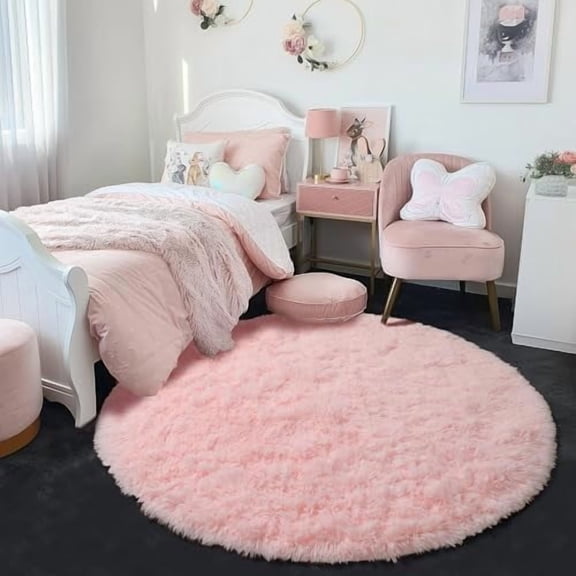 Light Pink Round Rug 4Ft for Girls Bedroom, Fluffy Circle Area Rugs for Kids Room Decor Aesthetic, Cute Shag Fuzzy Carpet for Nursery, Preppy Dorm, Classroom, Playroom, Teen, Baby, Washable