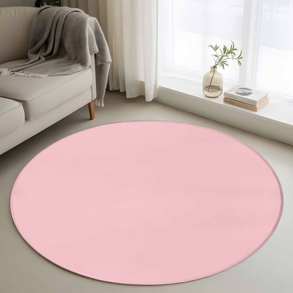 Light Pink Round Rugs 4ft, Farmhouse Solid Pink Color Modern Art Non Slip Washable Rug Runner, Low Pile Indoor Floor Carpet Mat Bathroom Rugs for Living Room, Bedroom, Kids Room