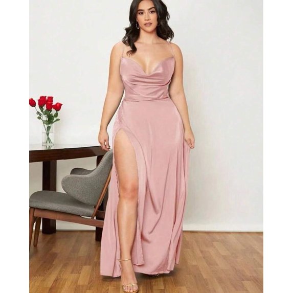 Light Pink Satin Cowl Neck Spaghetti Strap Maxi Dress With High Slit