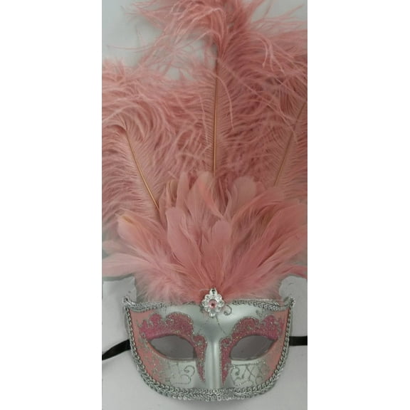 Light Pink Silver Venetian Mask Feather Masquerade Costume Prom Dance
