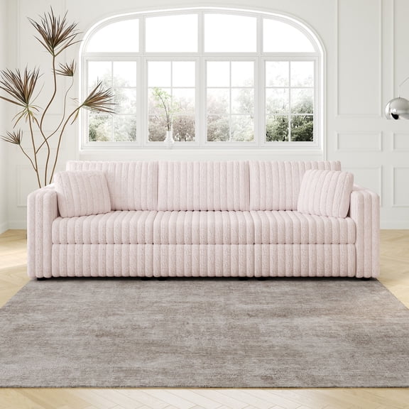 Light Pink Soft Sofa with 3 Seats / Acrylic Imitation Rabbit Plush / Reading and Relaxing in Living Room