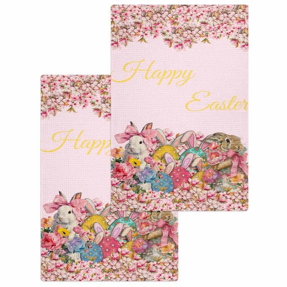 Light Pink Spring Easter Kitchen Dish Towels for Drying Dishes Set of 2, Bunny Eggs Floral Botanical Waffle Weave Microfiber Hand Tea Bathroom Towels Quick Dry & Absorbent Towel 15.7x23.6