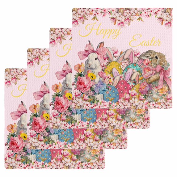 Light Pink Spring Easter Kitchen Dish Towels for Drying Dishes Set of 4, Bunny Eggs Floral Botanical Waffle Weave Microfiber Hand Tea Bathroom Towels Quick Dry & Absorbent Towel 12x12