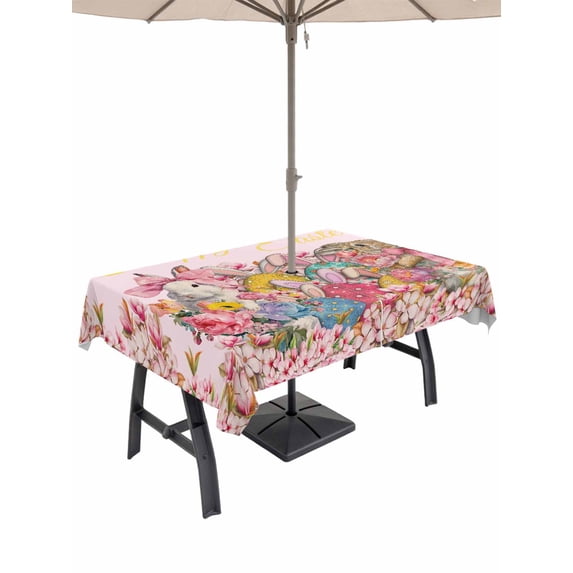 Light Pink Spring Easter Outdoor Tablecloth - 52x70 Inch Rectangle Dining Table Cover, Bunny Eggs Floral Botanical Waterproof Outdoor Table Cloth with Umbrella Hole & Zipper for Picnic/Patio/Party