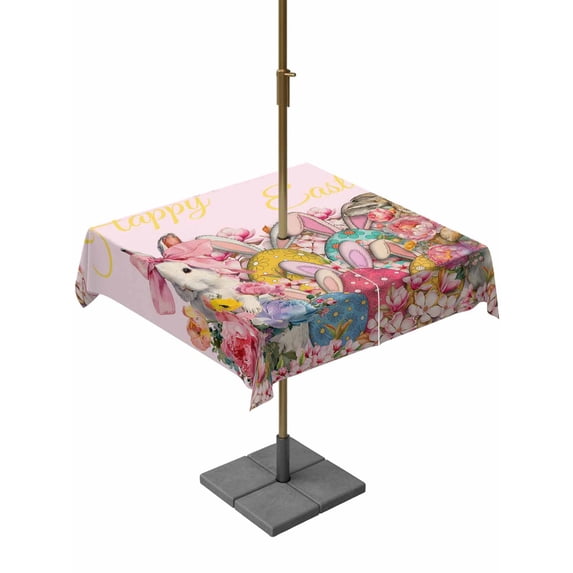 Light Pink Spring Easter Outdoor Tablecloth - 54x54 Inch Square Dining Table Cover, Bunny Eggs Floral Botanical Waterproof Outdoor Table Cloth with Umbrella Hole & Zipper for Picnic/Patio/Party