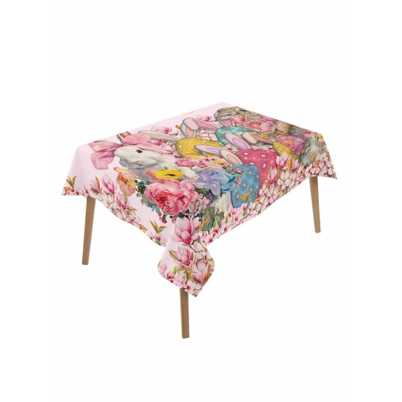 Light Pink Spring Easter Table Cloth, Waterproof Tablecloth for Rectangle Tables, Bunny Eggs Floral Botanical Reusable Washable Fabric Table Cover for Restaurant Kitchen Dining Tables 52"x70"