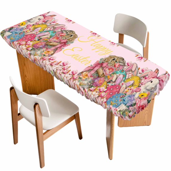 Light Pink Spring Easter Table Cloths for 8 Foot Rectangle Tables, Bunny Eggs Floral Botanical Patio Waterproof Elastic Fitted Tablecloths, Washable Rectangular Table Cover for Camping