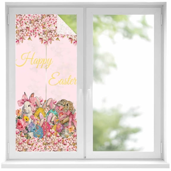Light Pink Spring Easter Window Privacy Film, Bunny Eggs Floral Botanical Static Cling UV Sun Blocking Heat Control Window Tint Day and Night, Non-Adhesive One Way Windows Privacy Cover 19.6''x39.3''
