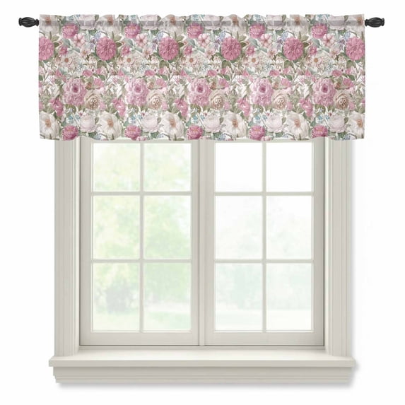 Light Pink Spring Floral Sheer Curtains Valances for Windows Vintage Summer Botanical Chiffon Kitchen Valances for Cafe, Rod Pocket Voile Window Treatments Curtains for Living Room Bedroom, 54"x18"