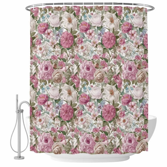 Light Pink Spring Floral Shower Curtain, Waterproof Shower Curtains for Bathroom, Vintage Summer Botanical Washable Fabric Bathtub Curtain Set Bath Decor with 12 Hooks Standard 72"x72"