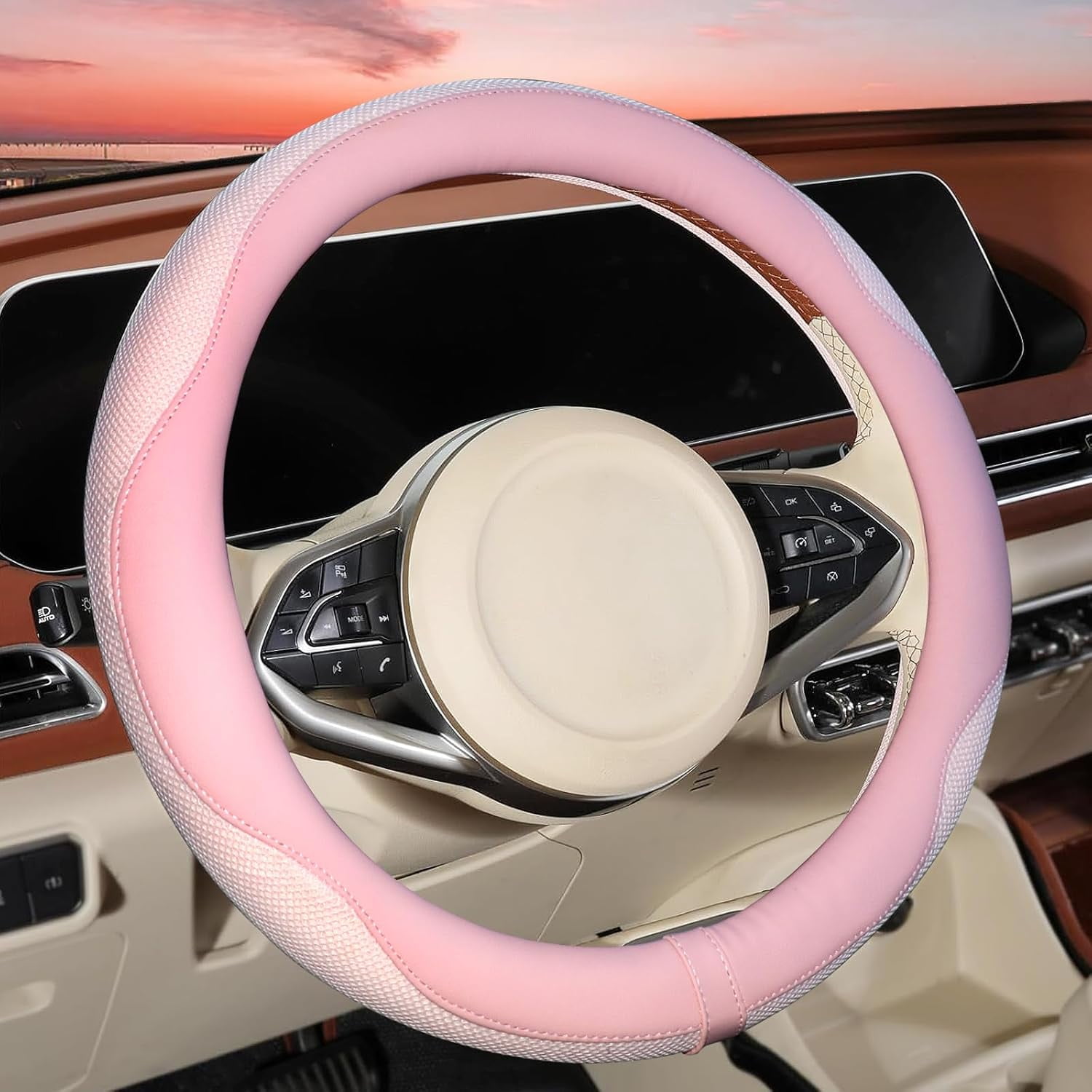 Light Pink Steering Wheel Cover, Breathable Microfiber Leather Anti-Slip Cute Car Steering Wheel Cover for Women, Warm in Winter and Cool in Summer, 15 Inch