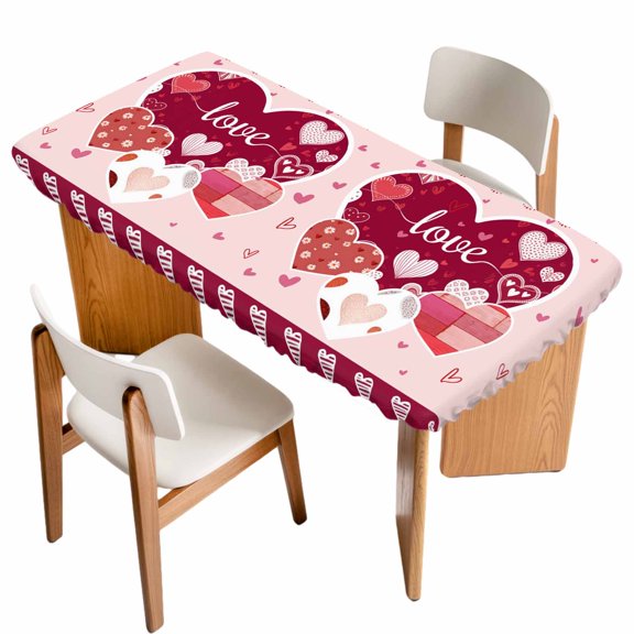 Light Pink Valentines Day Table Cloths for 4 Foot Rectangle Tables, Love Hearts Romantic Farmhouse Patio Waterproof Elastic Fitted Tablecloths, Washable Rectangular Table Cover for Camping