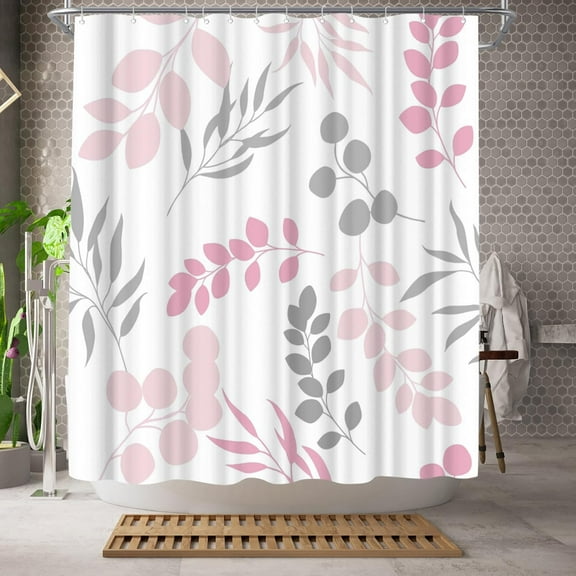 Light Pink Waterproof Shower Curtain Botanical Leaf Shower Curtain Pink Bathroom Decor Polyester Fabric with hooks 36"W x 72"L (Pack of 1)