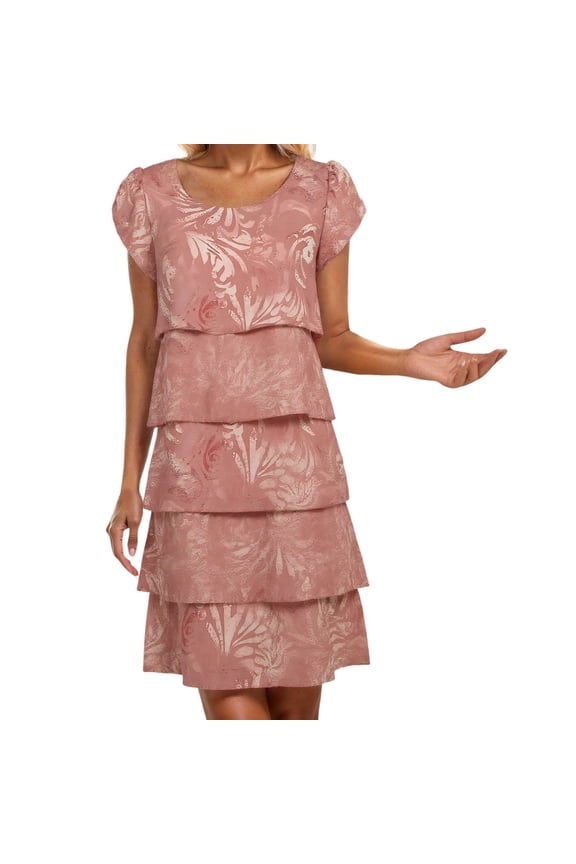 Light Pink Wedding Guest Dress Women's Casual Floral Print Tiered Hem Dress Elegant Round Neck Daily Wear Spring Summer Fall Fashion Cake Skirt L Chiffon Women's Casual Dress