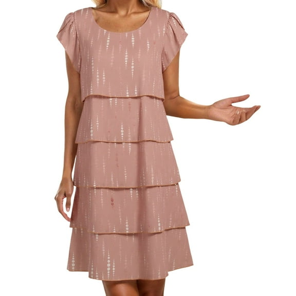 Light Pink Wedding Guest Dress Women's Casual Floral Print Tiered Hem Dress Elegant Round Neck Daily Wear Spring Summer Fall Fashion Cake Skirt M Chiffon Women's Casual Dress