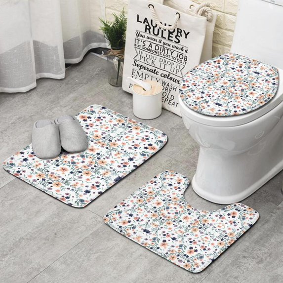 Light Pioneer Flower Pattern Bathroom Rugs Sets 3 Piece,Toilet Cover Set,Absorbent Non Slip Bathroom Mats Sets with U-Shaped Contour Rug Toilet Rug Set