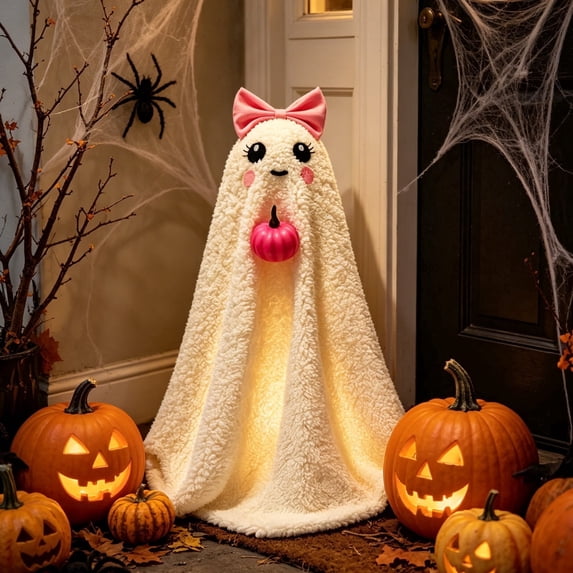 Light Up Plush Ghost Halloween Decor, Large LED Standing Spooky Cute Ghost Figure, Indoor Outdoor Reusable Halloween Ornament for Front Door Porch Yard Garden Home Party Decor(B)