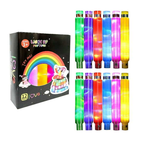 Light Up Pop Tubes 12 Pack – Sensory Fidget Toys with LED Glow, Colorful Stretch Tubes for Kids, Party Favors, Autism & ADHD Relief, Stress Relief Toys for Boys and Girls, Ages 3+
