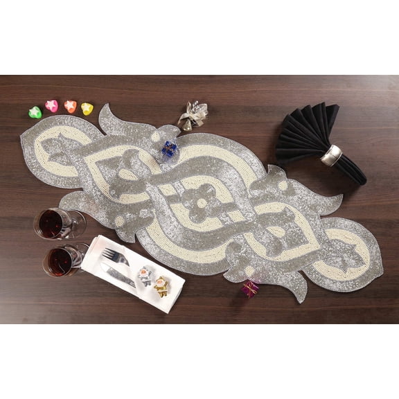 Homebia Designs Beaded Table Runner - Elegant Handmade Floral Design Decorative Table Accent For Dining, 13 x 36 inch - Silver Ivory
