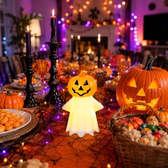 Light Up Pumpkin Head Ghost Hanging Ornament, Warm Glow LED Jack O Lantern Ghost Night Light, Battery Operated Mini Tabletop Lamp For Window Shelf Mantel Indoor Halloween Party Atmosphere Decor
