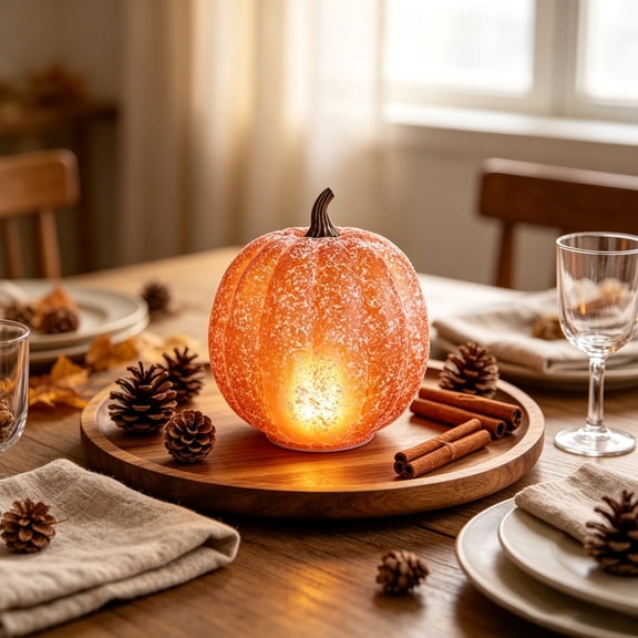 Light Up Pumpkin Lamp Warm LED Glowing now Flocked Pumpkin Desktop Ornament Battery Operated Fall Harvest Night Light for Bedroom Dresser Mantel Thanksgiving Halloween Home Decor