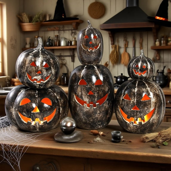 Light Up Pumpkin Resin Jack O' Lantern with Flameless Candle, Fall Decor, Halloween Decorations, Outdoor Indoor Autumn Decoration for Table Centerpieces Porch Room Front Door Mantel