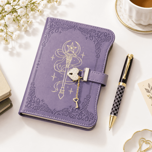 Light Purple A5 PU Leather Locking Diary with Heart Lock and Lined Pages