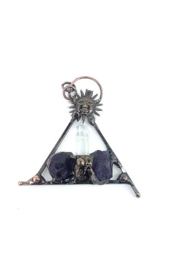 Light Purple Amethyst Crystal Column Sun God Pendant Handcrafted Gemstone Jewelry for Halloween, Meditation, or Gift