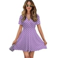 thumbnail image 1 of Light Purple And White Polka Dots Pattern Women Dress V-Neck Short Sleeve Flowy Swing Party Midi Dress, 1 of 4