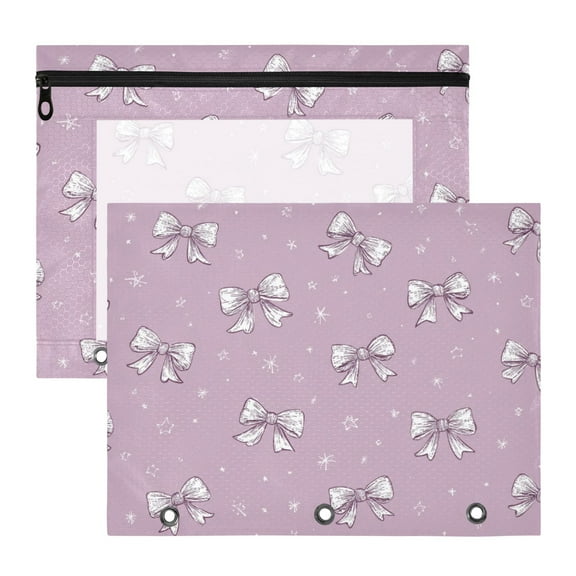 Light Purple Bows Small Stars 3-Ring Binder Pouches A4 Size Zipper Pocket File Storage 2 Packs